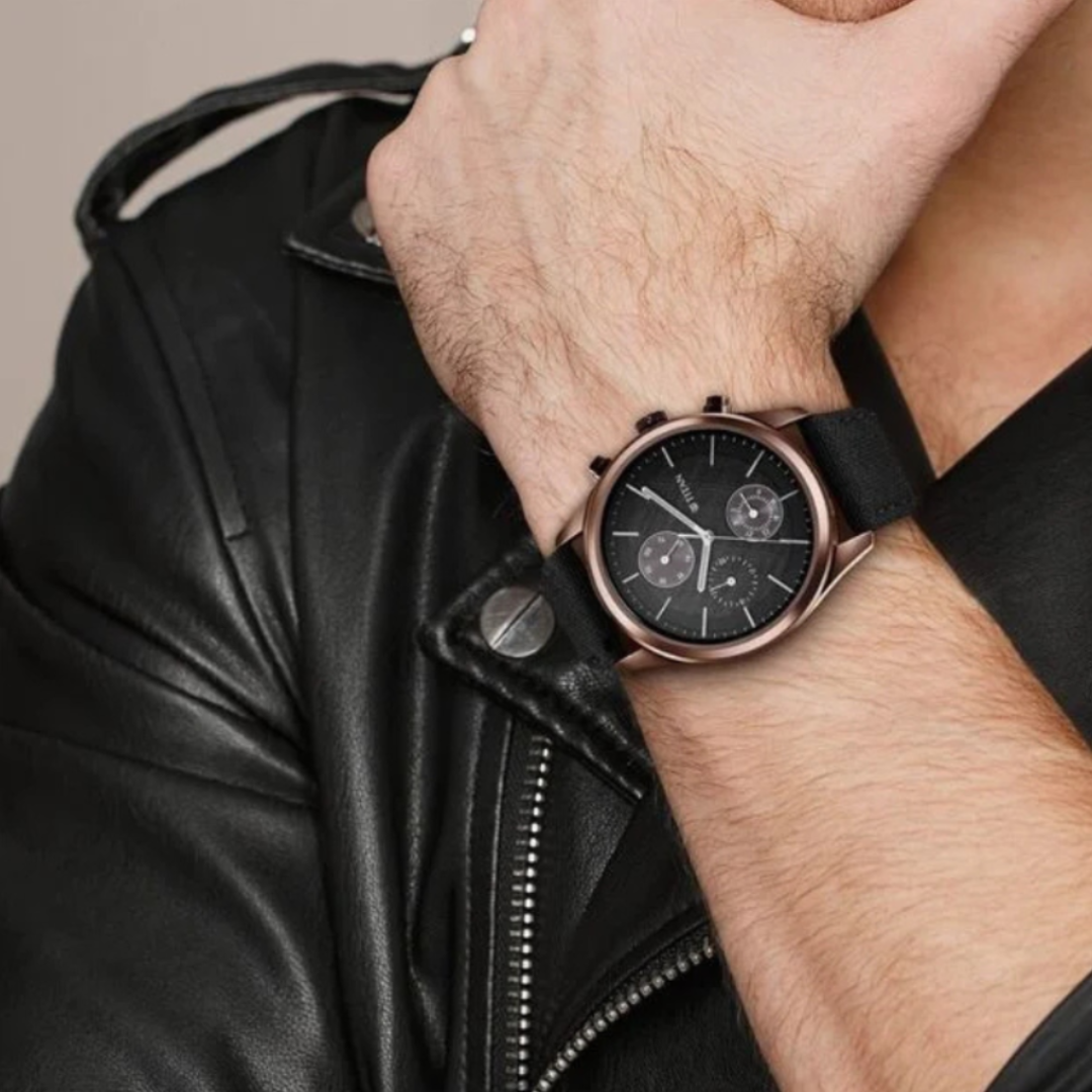 Titan 1805QP01 | Titan Men's Infinity Chrono watch: Precise Blue Dial, Rose Gold Highlights, Durable Leather Strap