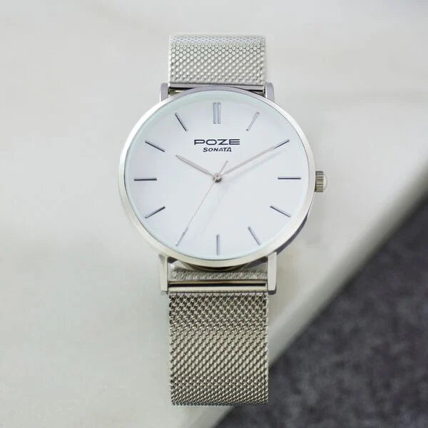 Sonata Poze SP70034SM02 | Sonata Poze Quartz Analog White Dial Silver Metal Strap Watch For Men