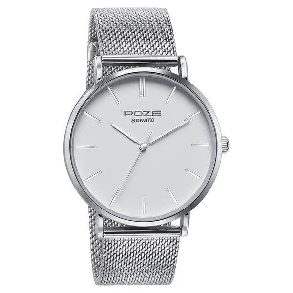 Sonata Poze SP70034SM02 | Sonata Poze Quartz Analog White Dial Silver Metal Strap Watch For Men