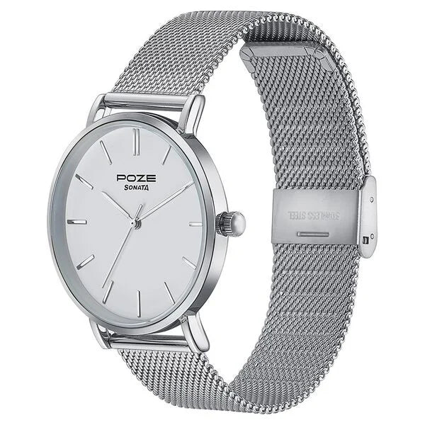 Sonata Poze SP70034SM02 | Sonata Poze Quartz Analog White Dial Silver Metal Strap Watch For Men