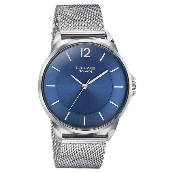 Sonata Poze SP70042SM02 | Sonata Poze Quartz Analog Blue Dial Silver Color Stainless Steel Strap Watch For Men