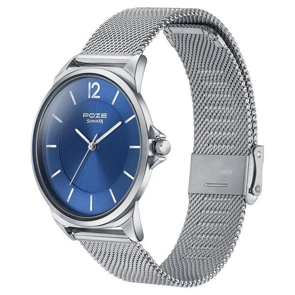Sonata Poze SP70042SM02 | Sonata Poze Quartz Analog Blue Dial Silver Color Stainless Steel Strap Watch For Men