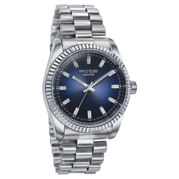 Sonata SP70043SM01 | Sonata Poze Quartz Analog Blue Dial Silver Color Metal Strap Watch For Men
