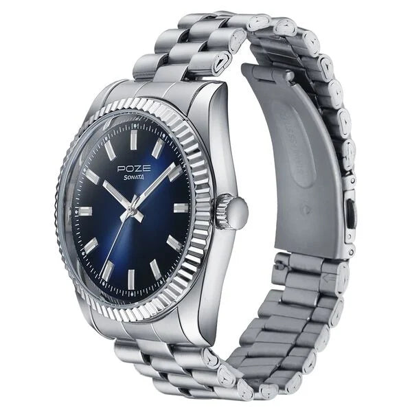 Sonata SP70043SM01 | Sonata Poze Quartz Analog Blue Dial Silver Color Metal Strap Watch For Men