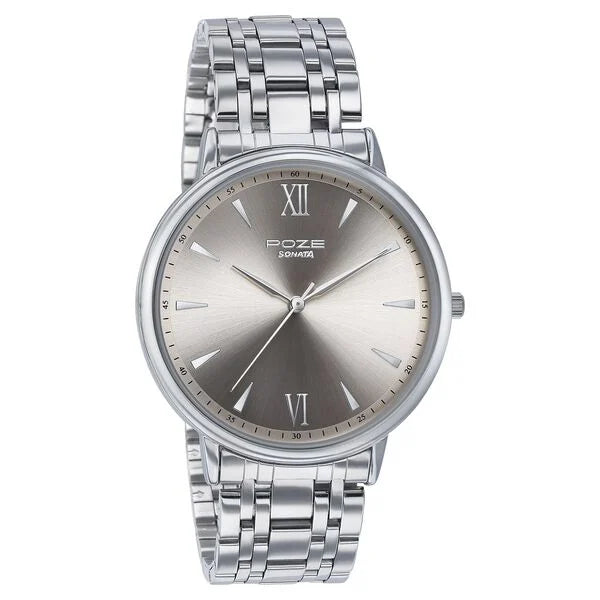Sonata Poze SP70044SM01 | Sonata Poze Quartz Analog Rose Gold Dial Silver Metal Strap Watch For Men