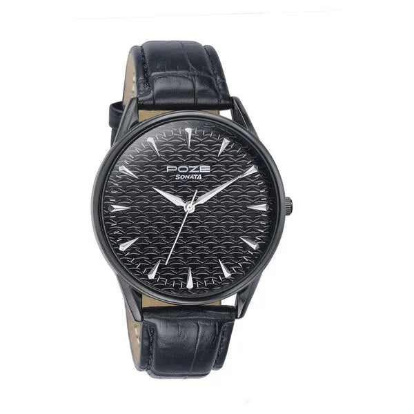 Sonata Poze SP70047NL01 | Sonata Poze Quartz Analog Black Dial Black Color Leather Strap Watch For Men