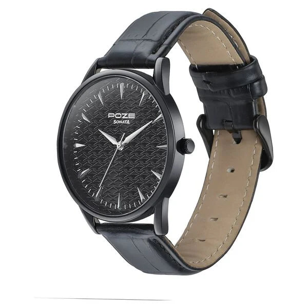 Sonata Poze SP70047NL01 | Sonata Poze Quartz Analog Black Dial Black Color Leather Strap Watch For Men