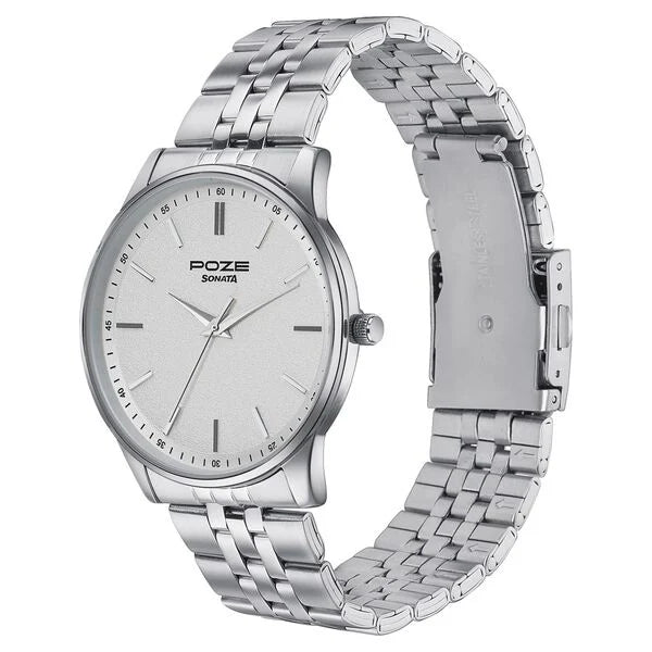 Sonata Poze SP70048SM01 | Sonata Poze Quartz Analog Silver Dial Silver Color Stainless Steel Strap Watch For Men