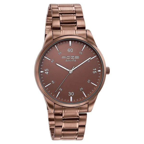 Sonata SP70049QM01 | Sonata Poze Quartz Analog Brown Dial Stainless Steel Strap Watch For Men