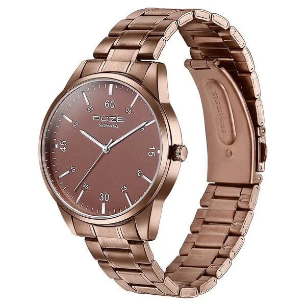 Sonata SP70049QM01 | Sonata Poze Quartz Analog Brown Dial Stainless Steel Strap Watch For Men