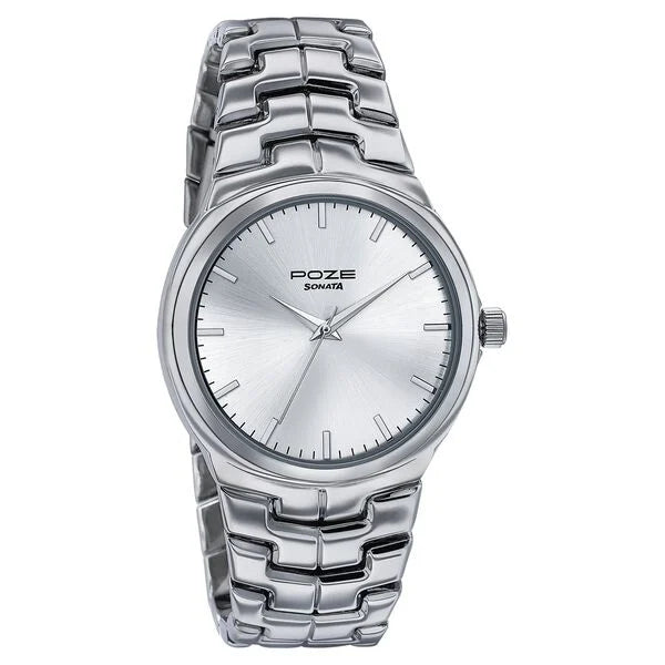 Sonata SP70051SM02W | Sonata Poze Quartz Analog Silver Dial Metal Strap Watch For Men