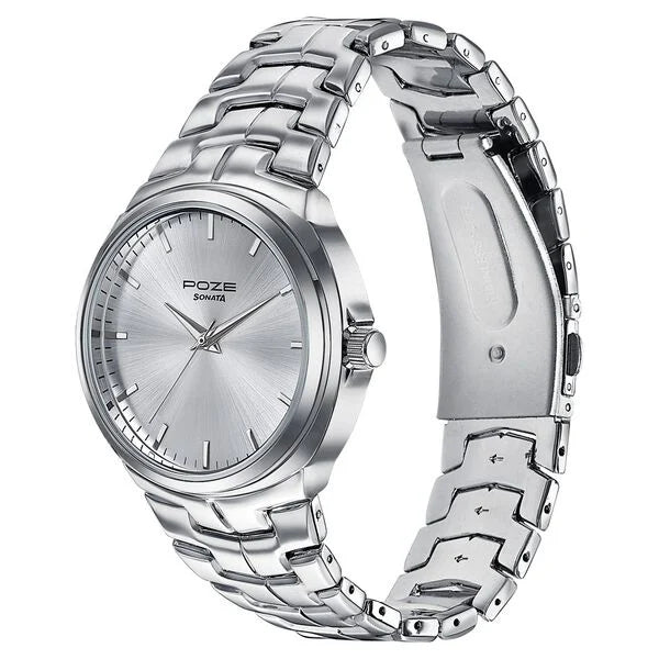 Sonata SP70051SM02W | Sonata Poze Quartz Analog Silver Dial Metal Strap Watch For Men