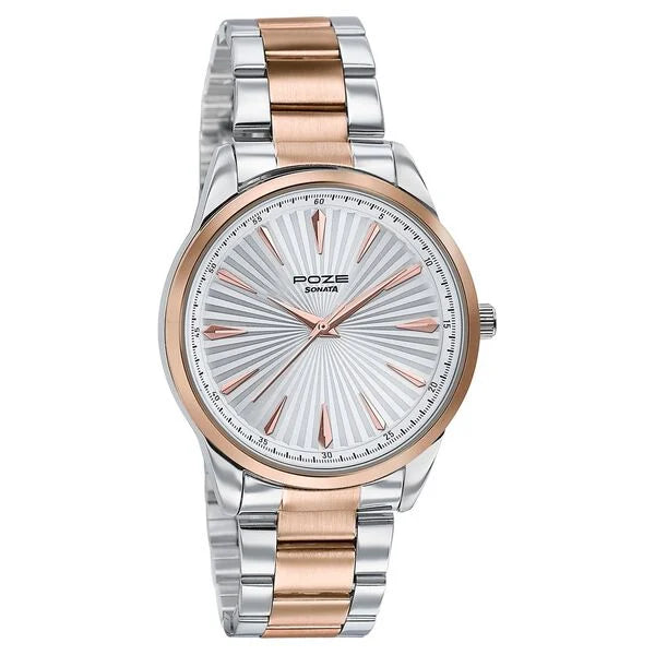 Sonata SP70055KM02W | Sonata Poze Quartz Analog Silver Dial Metal Strap Watch For Men