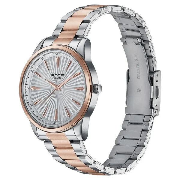 Sonata SP70055KM02W | Sonata Poze Quartz Analog Silver Dial Metal Strap Watch For Men