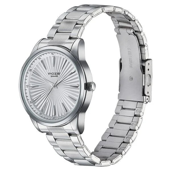 Sonata SP70055SM01 | Sonata Poze Quartz Analog White Dial Metal Strap Watch For Men