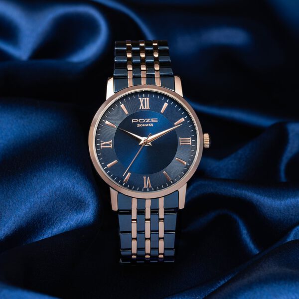 Sonata SP 70058KM02 | Sonata Poze Quartz Analog Blue Dial Metal Strap Watch For Men