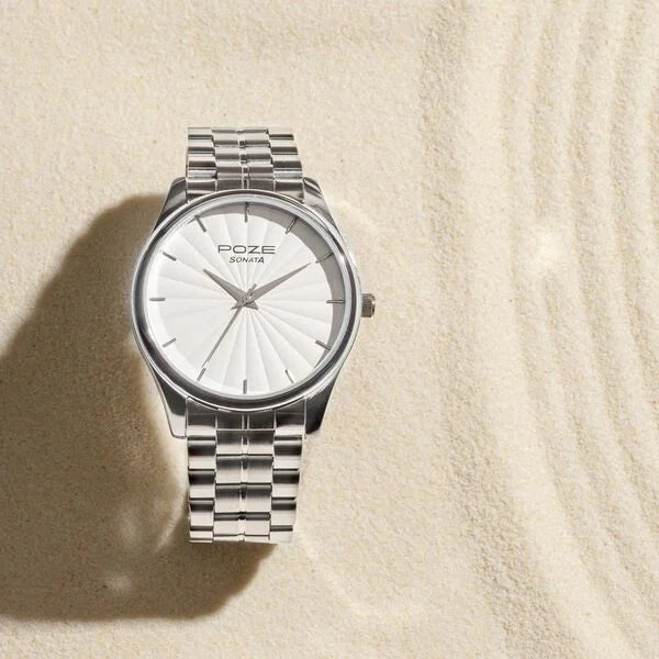 Sonata SP70064SM01 | Sonata Poze Quartz Analog White Dial Metal Strap Watch For Men