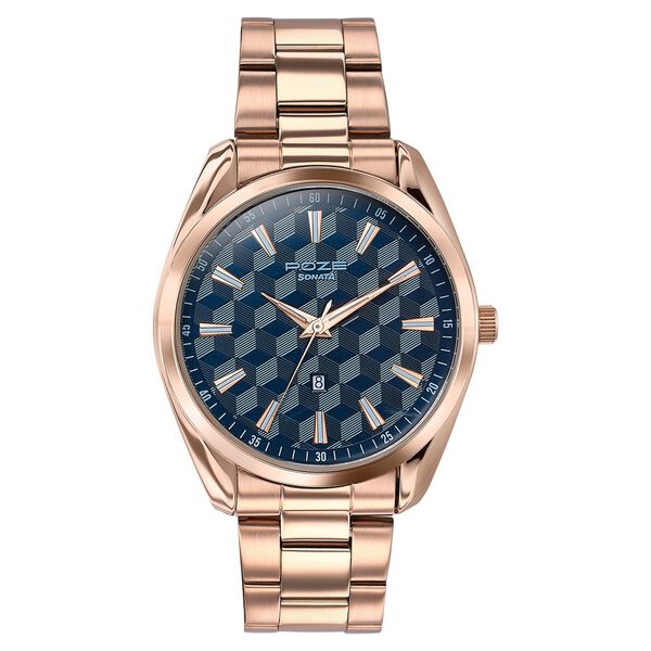 Sonata SP70066WM01 | Sonata Poze Quartz Analog Blue Dial Rose Gold Colour Stainless Steel Strap Watch For Men