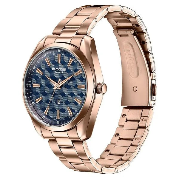Sonata SP70066WM01 | Sonata Poze Quartz Analog Blue Dial Rose Gold Colour Stainless Steel Strap Watch For Men