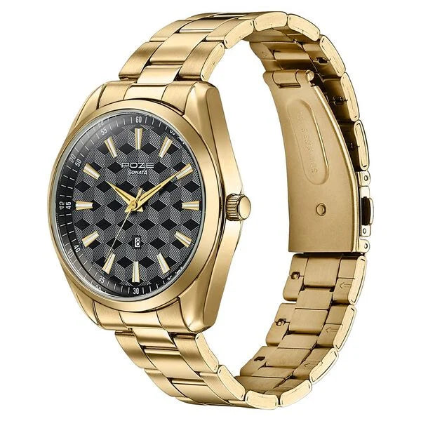 Sonata SP70066YM02 | Sonata Poze Quartz Analog Two Toned Dial Golden Colour Stainless Steel Strap Watch For Men