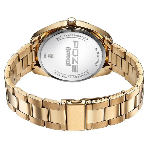 Sonata SP70066YM02 | Sonata Poze Quartz Analog Two Toned Dial Golden Colour Stainless Steel Strap Watch For Men