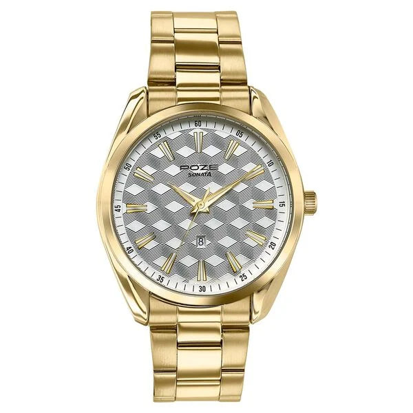 Sonata SP70066YM03 | Sonata Poze Quartz Analog Two Toned Dial Golden Colour Stainless Steel Strap Watch For Men