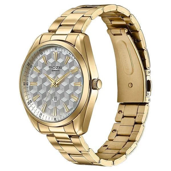 Sonata SP70066YM03 | Sonata Poze Quartz Analog Two Toned Dial Golden Colour Stainless Steel Strap Watch For Men