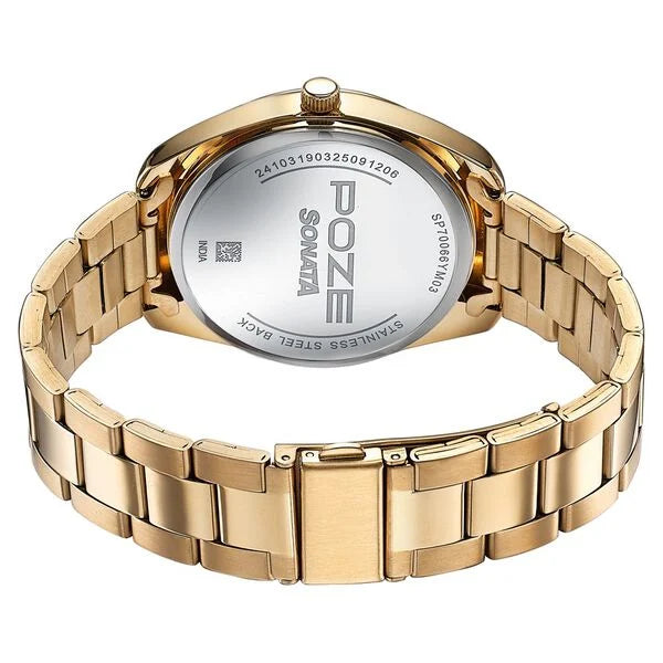 Sonata SP70066YM03 | Sonata Poze Quartz Analog Two Toned Dial Golden Colour Stainless Steel Strap Watch For Men