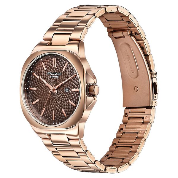 Sonata SP70067WM01 | Sonata Poze Quartz Analog Brown Dial Rose Gold Colour Stainless Steel Strap Watch For Men