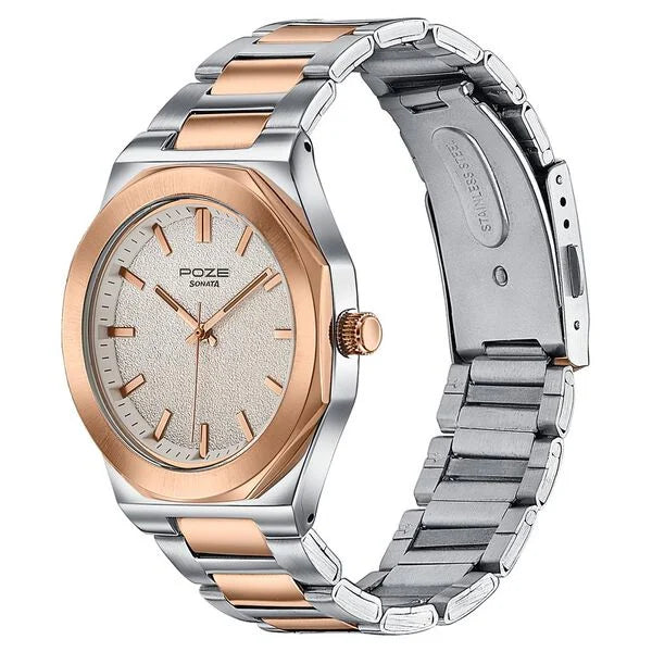 Sonata Poze 70071KM01 | Sonata Poze Quartz Analog Beige Dial Two Toned Colour Stainless Steel Strap Watch For Men