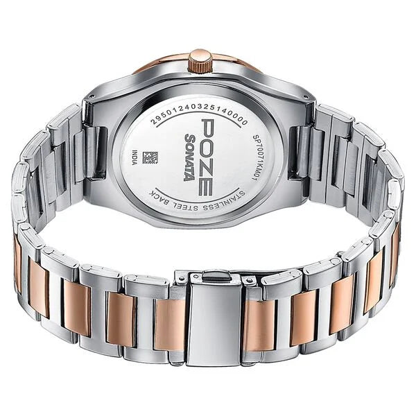 Sonata Poze 70071KM01 | Sonata Poze Quartz Analog Beige Dial Two Toned Colour Stainless Steel Strap Watch For Men