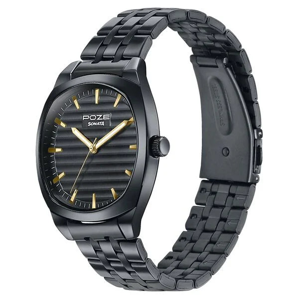 Sonata SP70094NM01W | Poze By Sonata Quartz Analog Black Dial Black Metal Strap Watch For Men