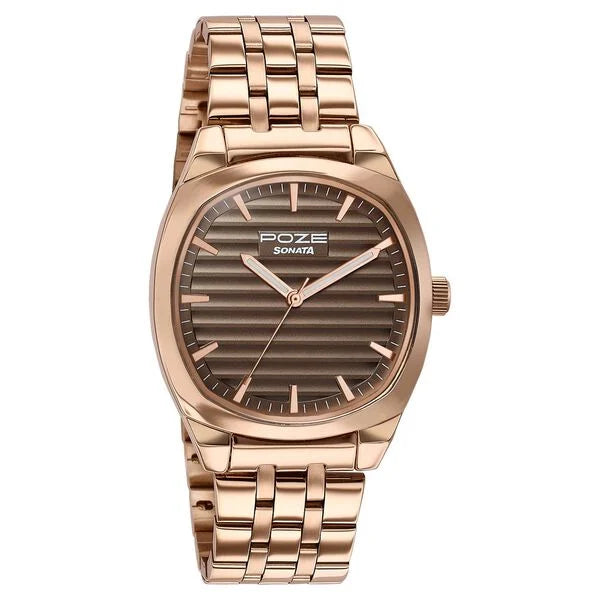 Sonata SP70094WM01W | Poze By Sonata Quartz Analog Grey Dial Rose Gold Metal Strap Watch For Men