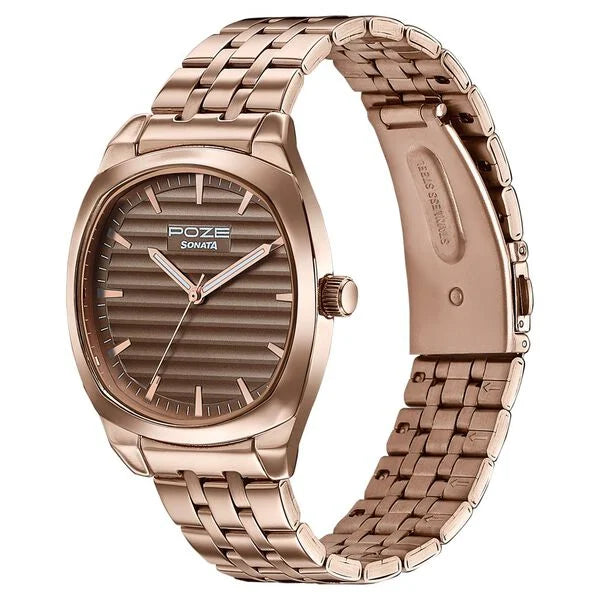 Sonata SP70094WM01W | Poze By Sonata Quartz Analog Grey Dial Rose Gold Metal Strap Watch For Men