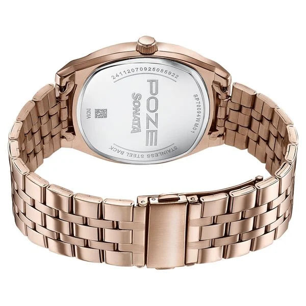 Sonata SP70094WM01W | Poze By Sonata Quartz Analog Grey Dial Rose Gold Metal Strap Watch For Men