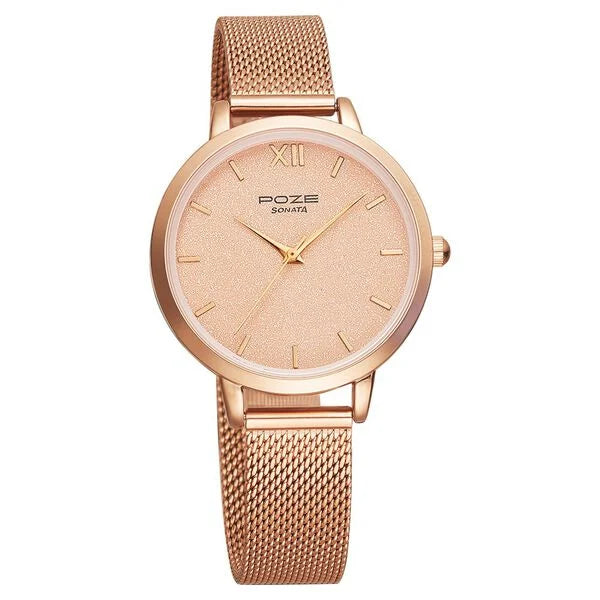 Sonata SP80023WM01 | Poze by Sonata Quartz Analog Pink Dial Stainless Steel Strap Watch for Women