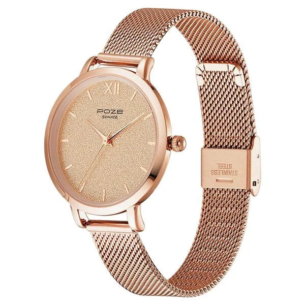 Sonata SP80023WM01 | Poze by Sonata Quartz Analog Pink Dial Stainless Steel Strap Watch for Women