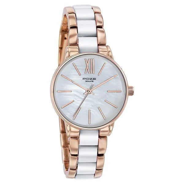 Sonata SP80051KM01W | Sonata Poze Quartz Analog White Dial Metal Strap Watch For Women