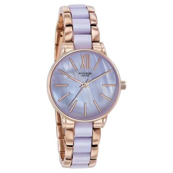 Sonata SP80051KM02W | Sonata Poze Quartz Analog Purple Dial Metal Strap Watch For Women