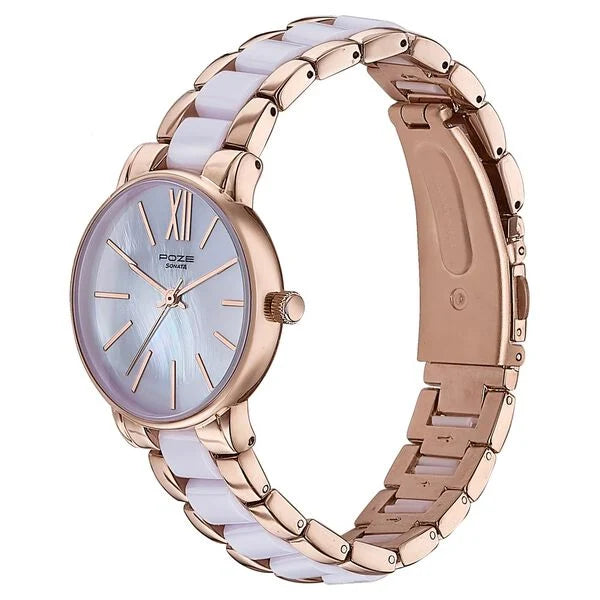 Sonata SP80051KM02W | Sonata Poze Quartz Analog Purple Dial Metal Strap Watch For Women