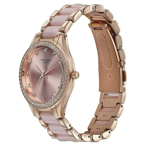 Sonata SP80054KD01 | Sonata Poze Quartz Analog Pink Dial Metal & Plastic Strap Watch for Women