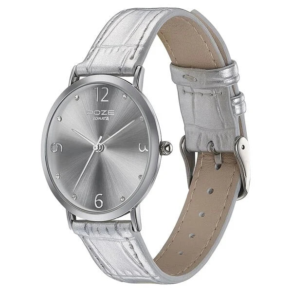 Sonata SP80063SL01W | Sonata Poze Quartz Analog Silver Dial Leather Strap Watch for Women