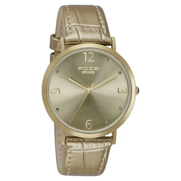 Sonata SP80063YL01W | Sonata Poze Quartz Analog Golden Dial Leather Strap Watch for Women