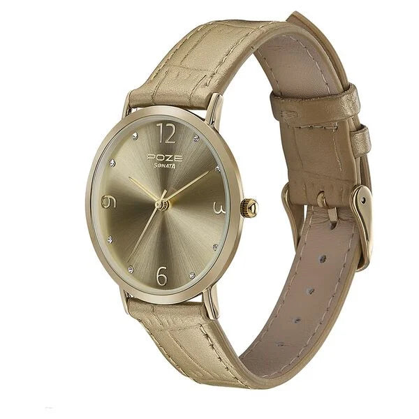 Sonata SP80063YL01W | Sonata Poze Quartz Analog Golden Dial Leather Strap Watch for Women