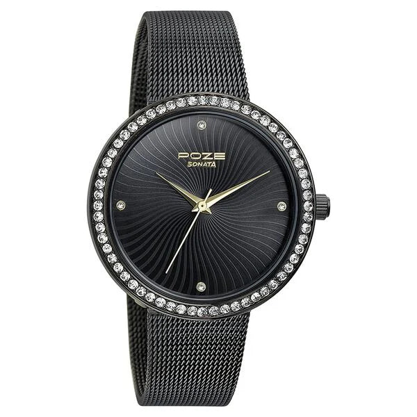 Sonata SP80067NM01W | Sonata Poze Quartz Analog Black Dial Mesh Strap Watch for Women