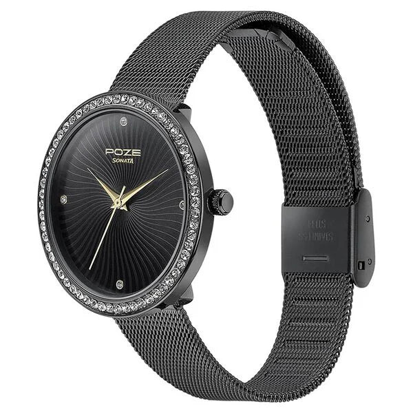 Sonata SP80067NM01W | Sonata Poze Quartz Analog Black Dial Mesh Strap Watch for Women