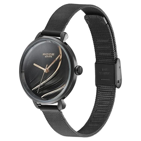 Sonata SP80071NM01W | Sonata Poze Quartz Analog Black Dial Mesh Strap Watch for Women
