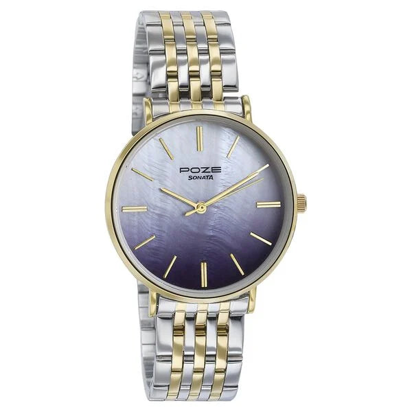 Sonata Poze SP80077BM01 | Sonata Poze Quartz Analog Blue Mother Of Pearl Dial Two Toned Color Stainless Steel Strap Watch For Women