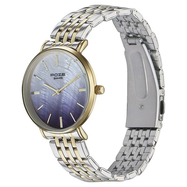 Sonata Poze SP80077BM01 | Sonata Poze Quartz Analog Blue Mother Of Pearl Dial Two Toned Color Stainless Steel Strap Watch For Women