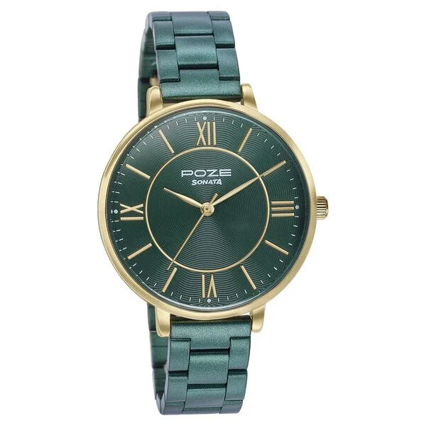 Sonata SP80080KM02WF | Sonata Poze Quartz Analog Green Dial Stainless Steel Strap Watch For Women